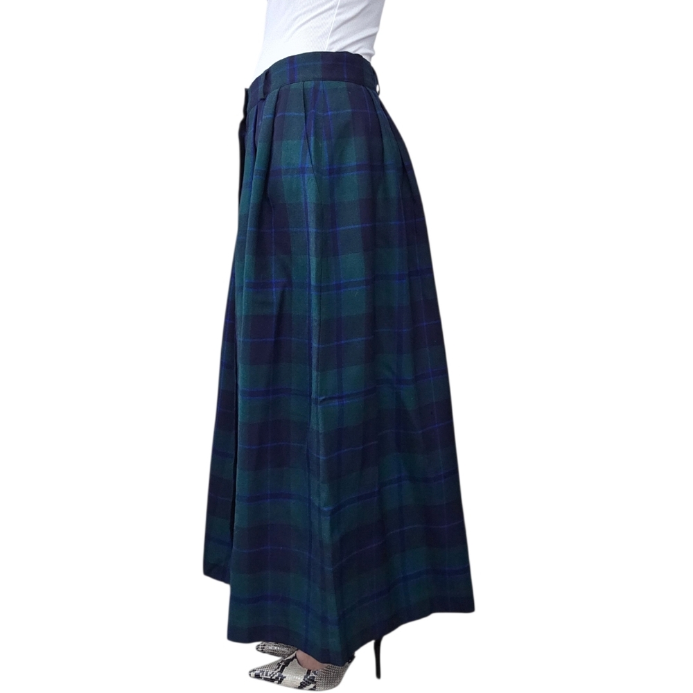 Vintage 90s Plaid Wool Midi Skirt Size 12 Green Tartan Button Front - Picture 3 of 11